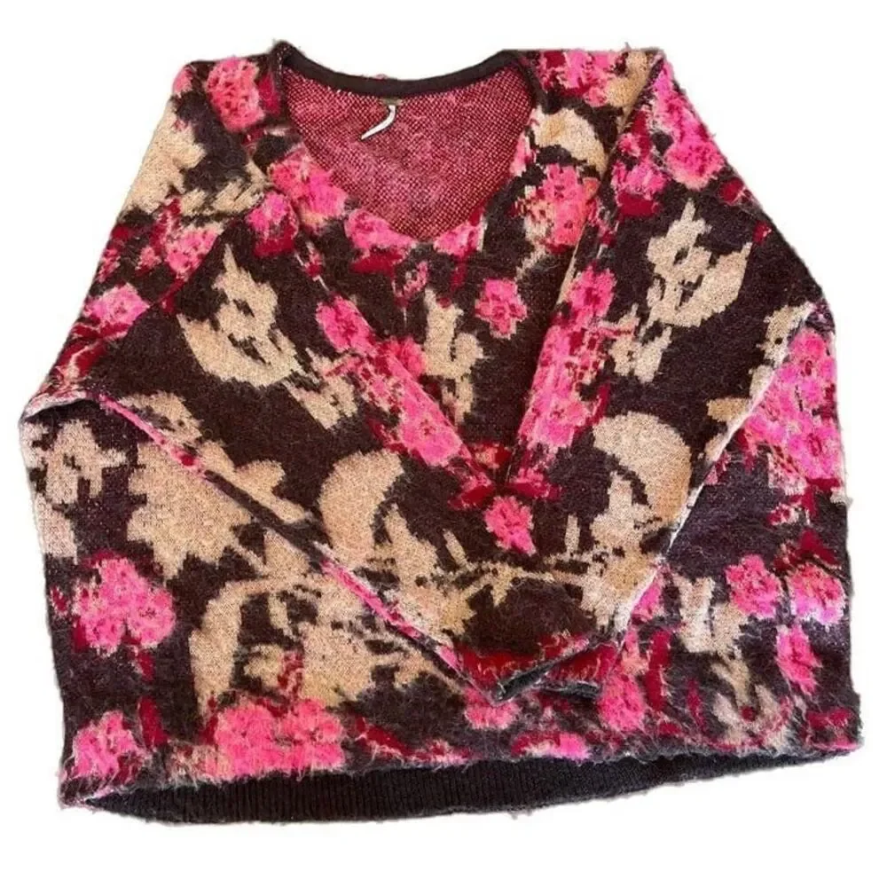 Free People Primrose Floral V-Neck Oversize Tunic Sweater Size Small